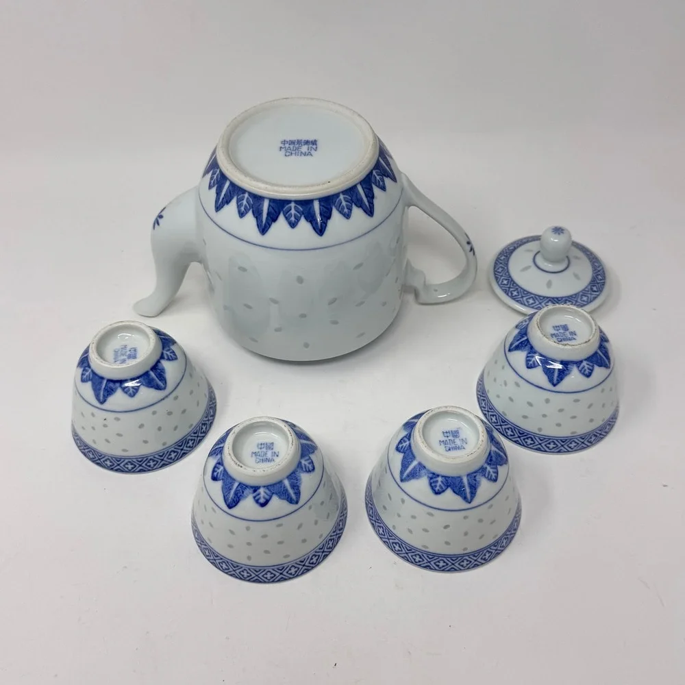 Vintage Chinese Rice Grain Blue & White Porcelain Tea Set Teapot + 4 Cups